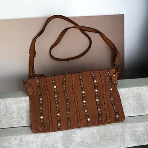Harbour 2nd Genuine Leather Studded Crossbody Shoulder Bag Purse Brown